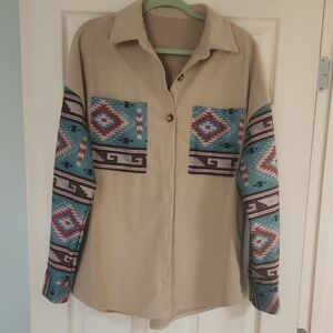 Aztec Pattern Button Down Shirt - Beige and Blue